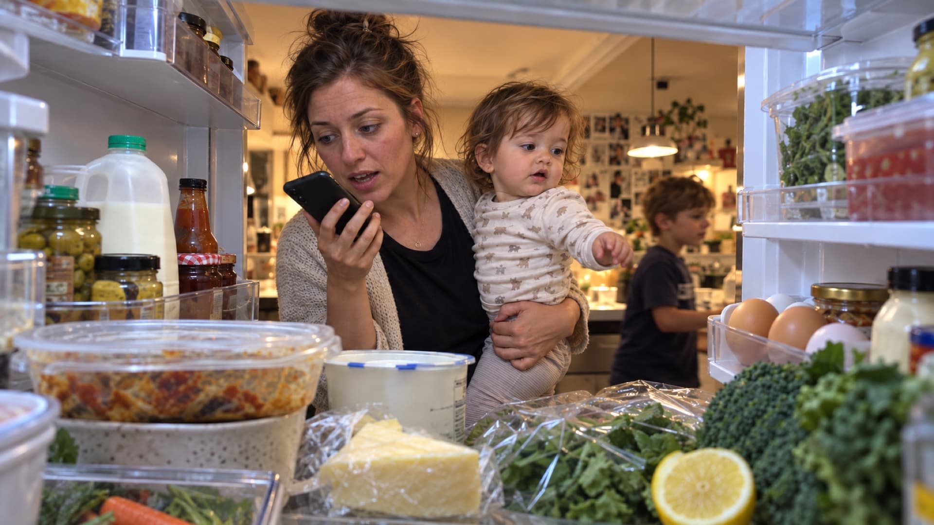 A parent talking through dinner ideas at the fridge