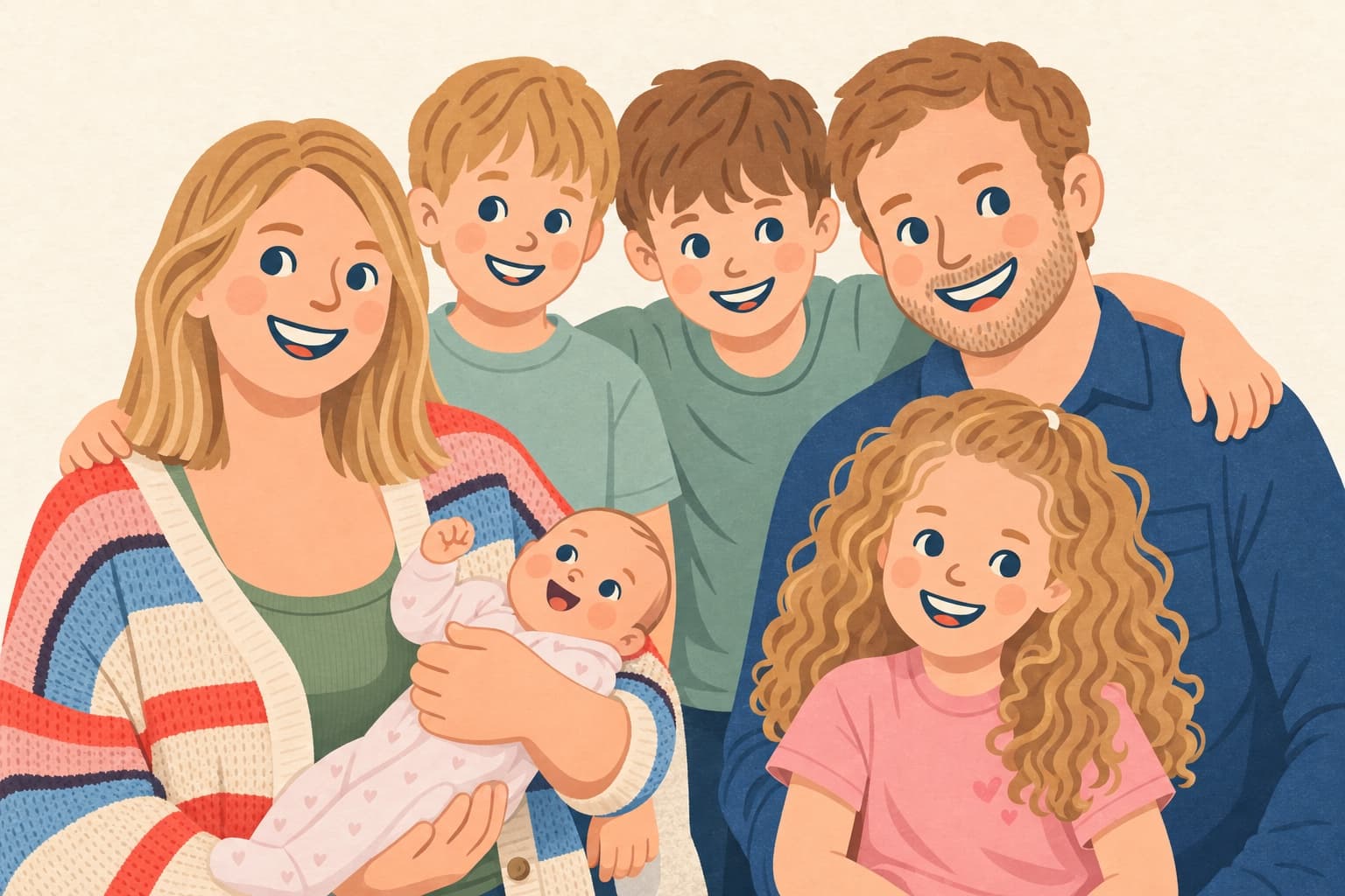 An illustrated portrait of the Do-Re-Ci-Pe founder with his wife and four children