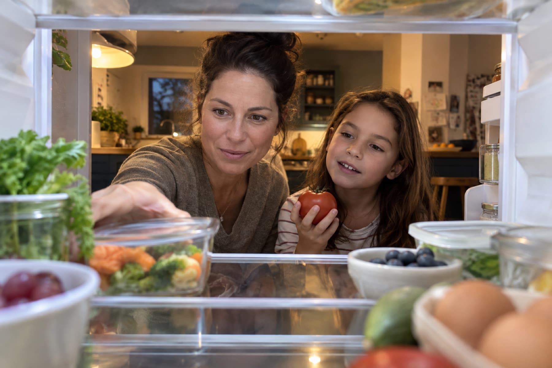 A parent and child choosing ingredients together from the fridge