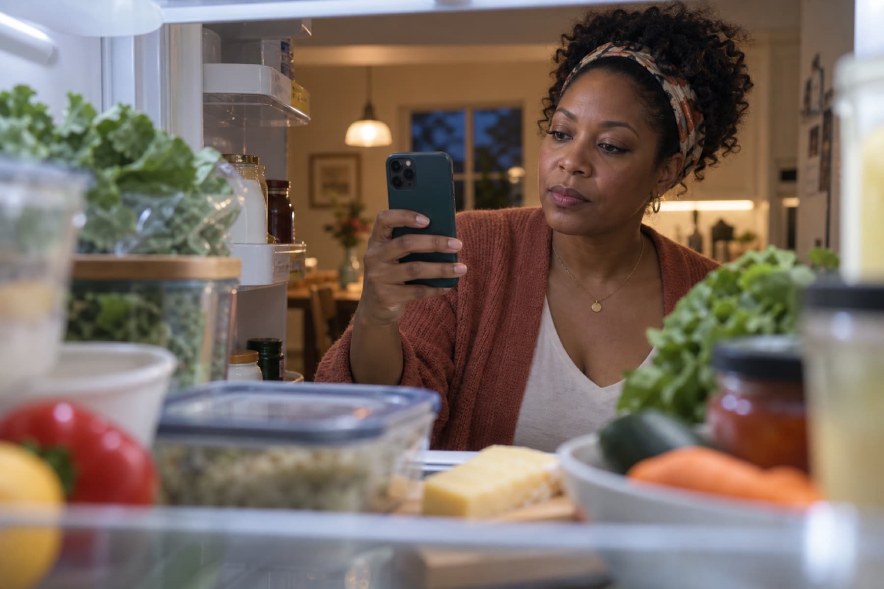 A woman photographing the ingredients in her fridge