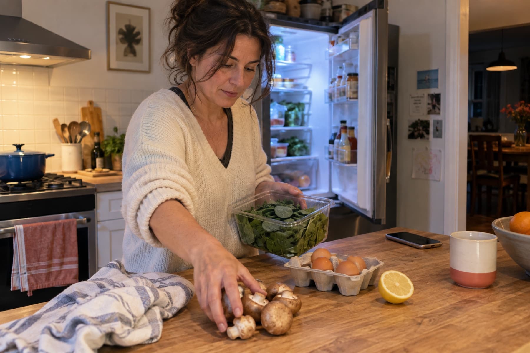 A woman moving ingredients from her fridge to the kitchen counter
