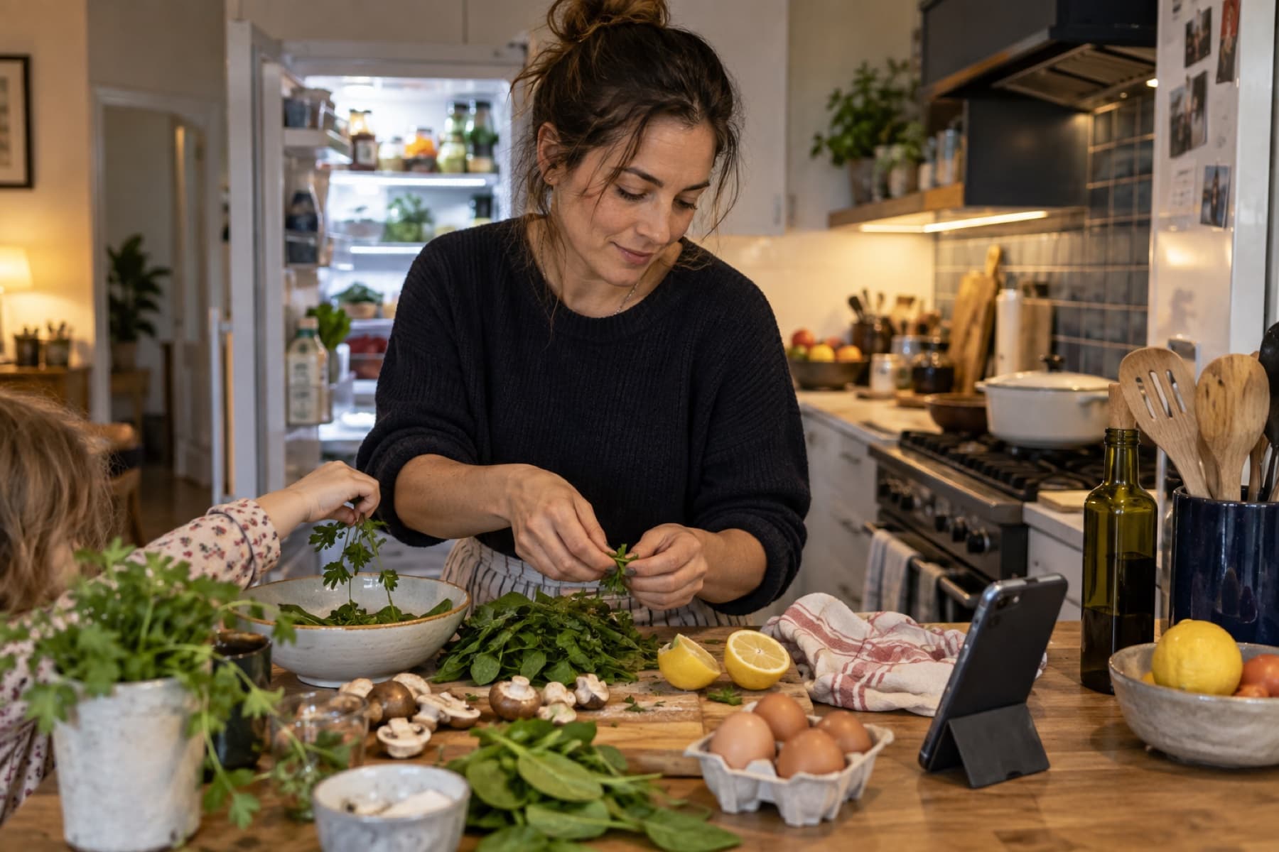 A parent cooking with ingredients from the fridge while following a recipe on her phone