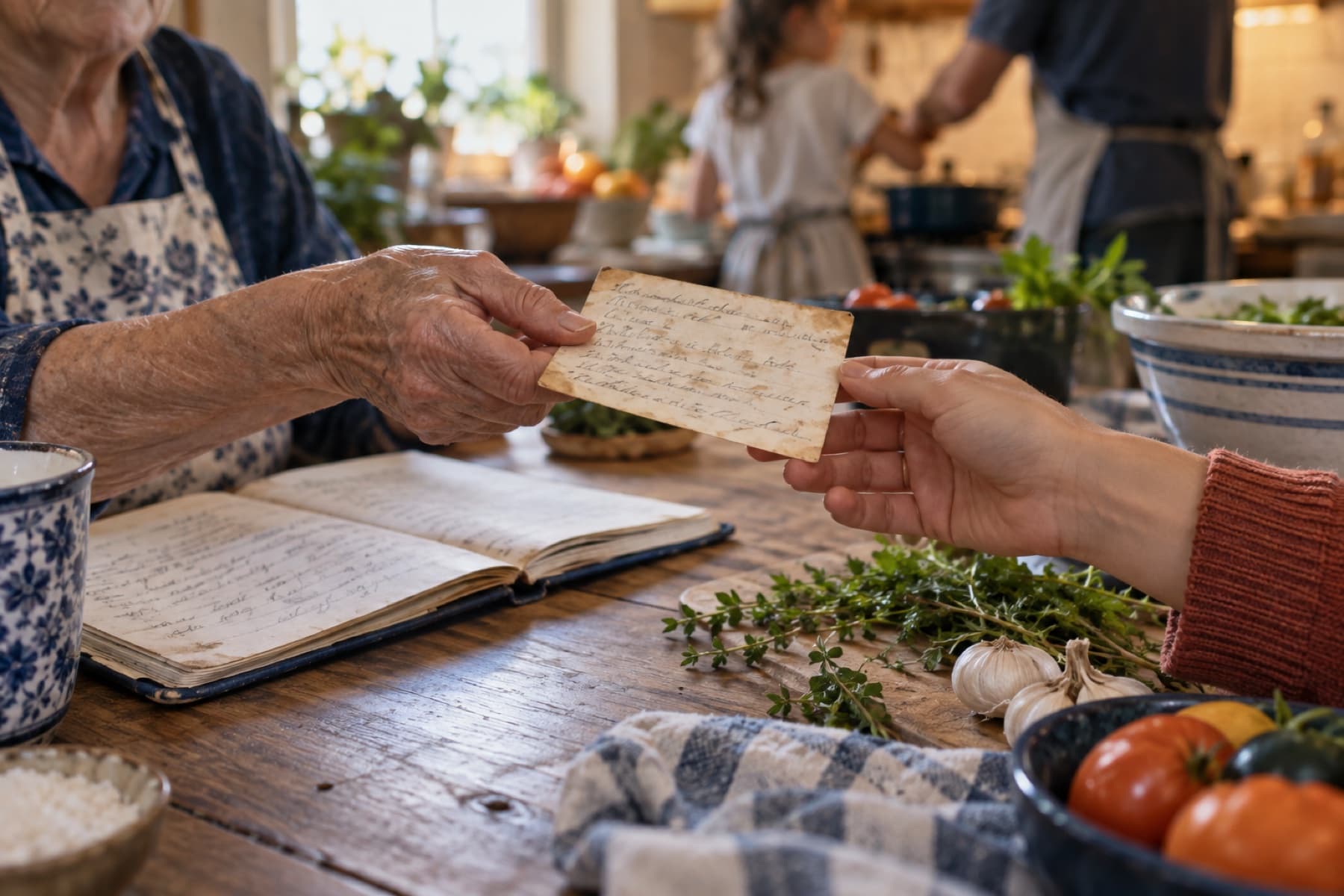 Hands from different generations passing a handwritten recipe across a kitchen table